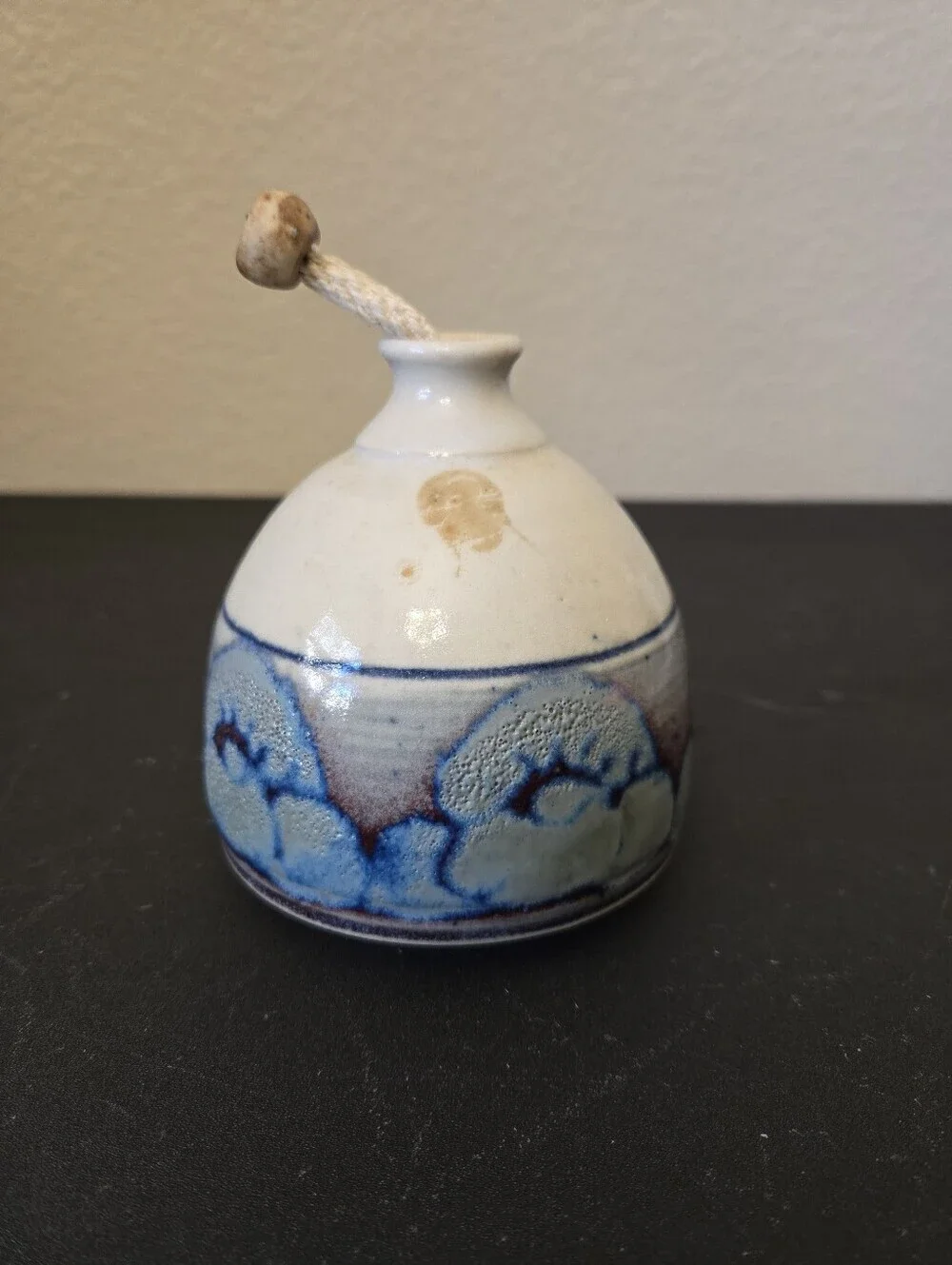 Studio Pottery Ceramic Small Vase Or Oil Bottle Featuring Blue & Brown Design